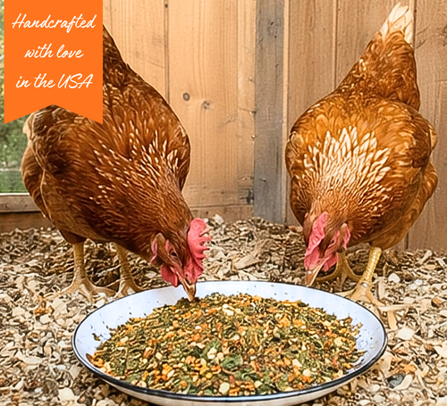 Two brown chickens eating from a white bowl filled with Diva Boost outdoors against a wooden fence. An orange text overlay in the top left reads 'Handcrafted with love in the USA'.