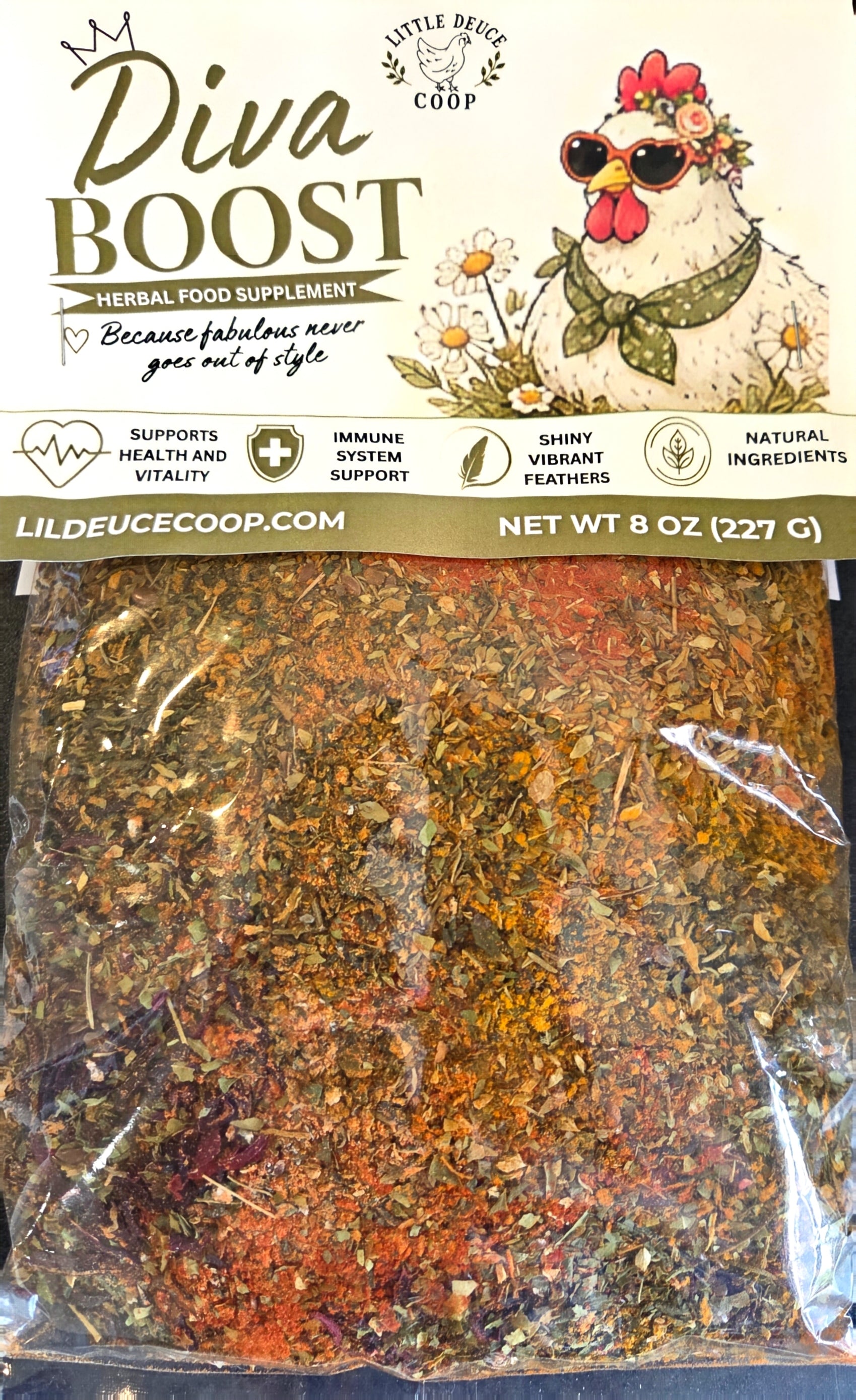 Herbal chicken food supplement package with a chicken illustration and text 