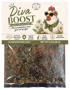 Diva Boost herbal food supplement packaging with chicken illustration and text