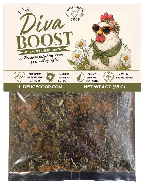 Diva Boost herbal food supplement packaging with chicken illustration and text