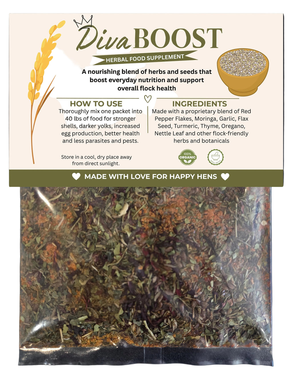 Diva Boost herbal food supplement packaging with text and ingredients listed.