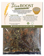 Diva Boost herbal food supplement packaging with text and ingredients listed.