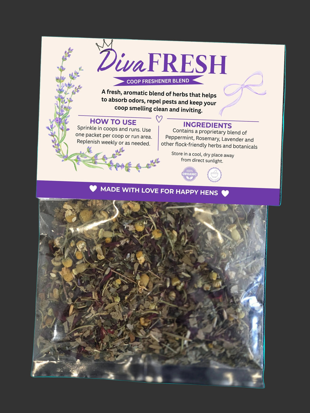 Diva Fresh coop freshener blend packaging with dried herbs on a dark background