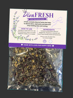 Diva Fresh coop freshener blend packaging with dried herbs on a dark background