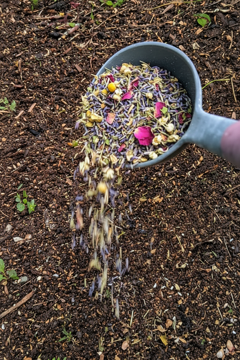 A gray scoop filled with diva fresh organic herbs and botanicals is shown pouring over dark garden soil, with the herbs falling in a stream onto the ground.