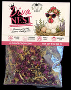 Diva Nest nesting box herb blend packaging with chicken illustration and product details.