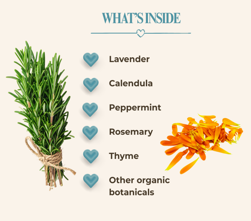 An informational graphic titled 'WHAT'S INSIDE' on a light cream background, listing botanical ingredients: Lavender, Calendula, Peppermint, Rosemary, Thyme, and Other organic botanicals. A tied bundle of green herbs appears on the left, and orange flower petals appear on the right, with blue heart icons next to the text.