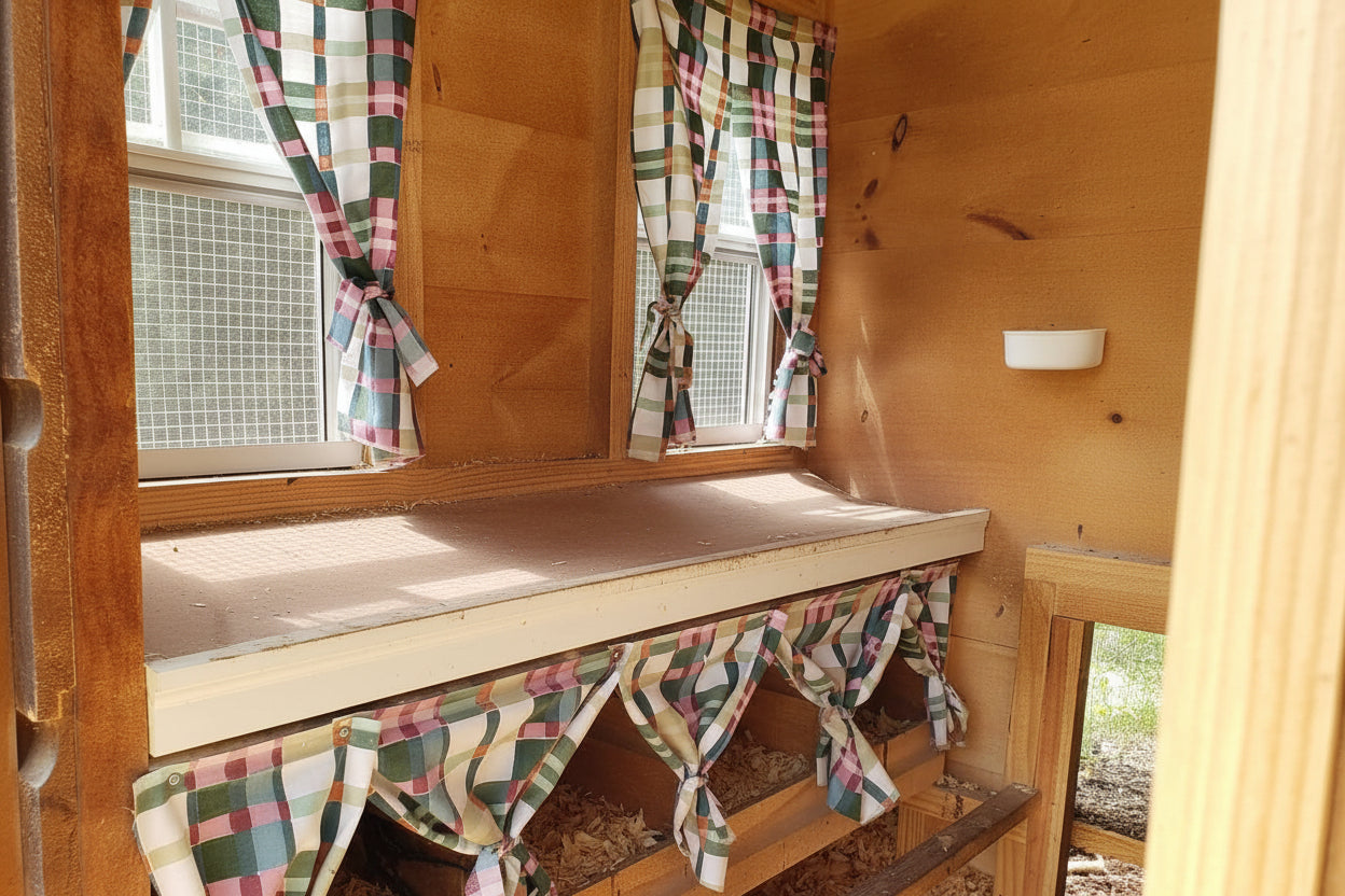 Wooden chicken coop with plaid curtains and 4 nesting boxes