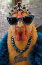 Diva chicken wearing sunglasses, tiara, and 'Diva' necklace with blue feathers.