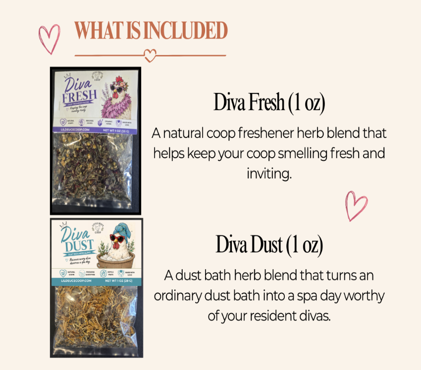 An informational product graphic on a light beige background showing two small packaged pet products with text descriptions: Diva Fresh herb blend and Diva Dust dust bath herb blends, each 1 oz, with small heart illustrations.