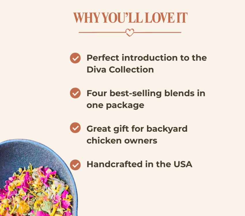 Promotional graphic with the heading 'WHY YOU'LL LOVE IT' above a bulleted list of selling points, including 'Perfect introduction to the Diva Collection,' 'Four best-selling blends in one package,' 'Great gift for backyard chicken owners,' and 'Handcrafted in the USA.' A partial bowl of colorful dried flowers appears in the lower left on a warm beige background.