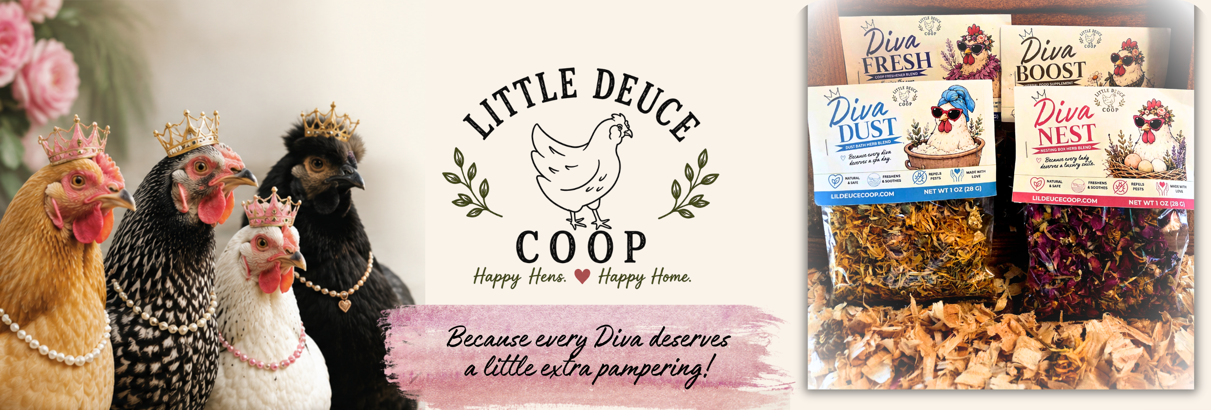 A promotional banner for 'Little Deuce Coop' featuring three chickens wearing crow crowns on the left, the brand logo in the center, and four packaged pet treats labeled 'Chicken Treats' on the right against a light beige background.